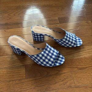 J. Crew Blue Gingham Slip On Sandals with Chunky Heel